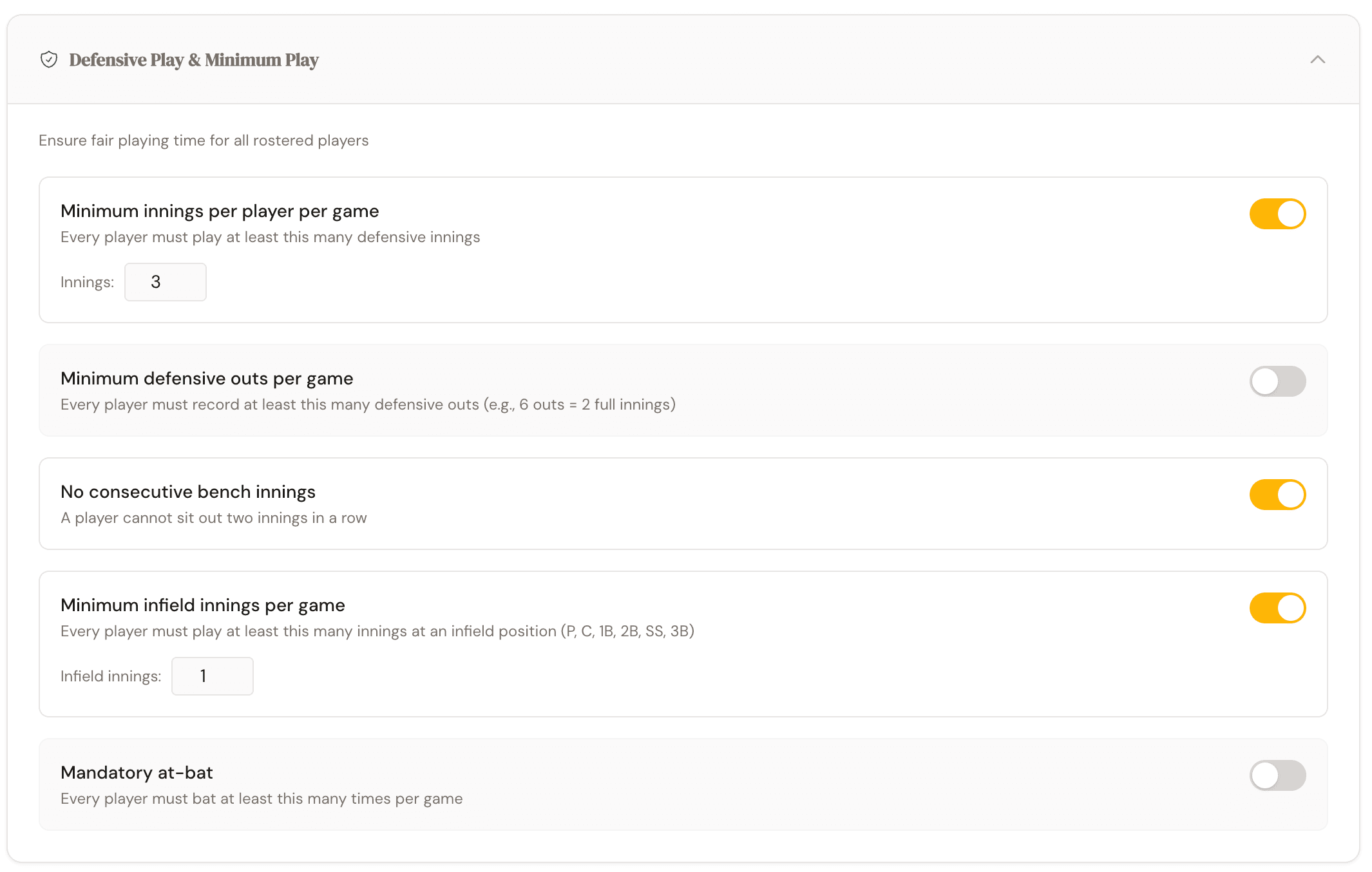 Configurable team rules — minimum innings, bench limits, infield requirements